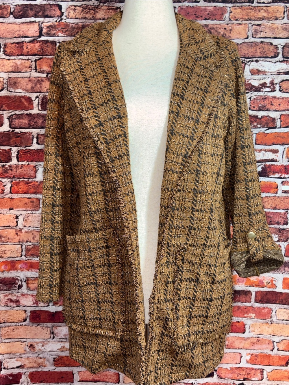 Ruby Rd. Open-Front Tweed Bouclé Jacket Rust Brown & Black Gold Thread MP